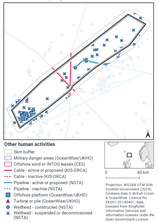 Map showing non-fishing human activity in the MPA. In the south of the MPA there is a cluster of suspended or decommissioned wellheads, alongside constructed wellheads and two offshore platforms. A pipe runs from this cluster southeast out of the MPA. There are other suspended or decommissioned wellheads through the remainder of the MPA, with two constructed wellheads halfway up, with a pipeline running between them and then east out of the MPA. Two active or proposed cables run through the centre of the MPA, coming from the north and northwest, intersecting on the southern boundary of the MPA.