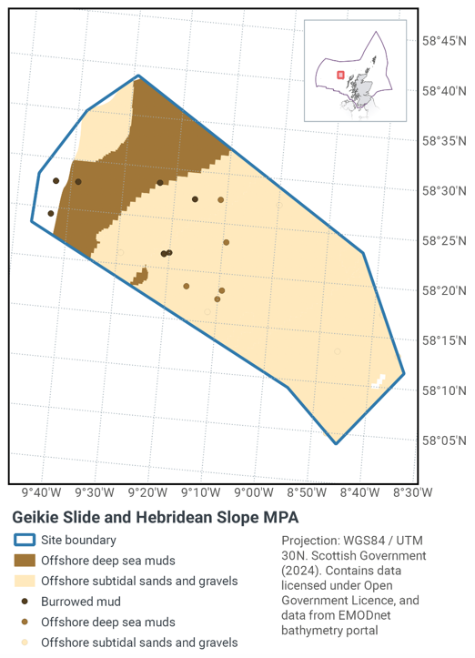Map of Geikie Slide and Hebridean Slope MPA west of Lewis. It is a somewhat rectangular running from northwest to southeast. It is located between 58°40N 9°50W and 58°00N 8°30W. It encompasses an area of offshore subtidal sands and gravels, with a band of offshore deep sea muds in the northwest. There is burrowed mud throughout the northwestern-most parts of the MPA