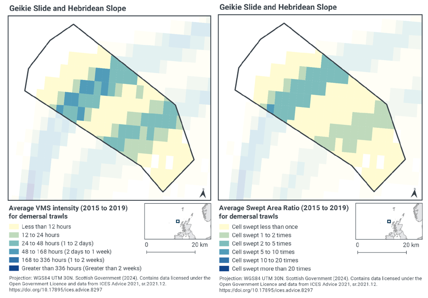 Map of the MPA showing no demersal trawl activity in the north-westernmost area of the MPA, and less than 12 hours across much of the remainder, with the exception of two bands of higher activity which pass across the centre of the MPA southwest to northeast. In these bands the rate is largely 24-48 hours of trawling per year, with some points rising as high as 48-168 in the northern band
Map of the MPA showing no demersal trawl activity in the north-westernmost area of the MPA, and less than 1 sweep per year across much of the remainder, with the exception of two bands of higher activity which pass across the centre of the MPA southwest to northeast. In the southern band 1-2 sweeps per year is experienced, in the northern band 2-5 sweeps per year is experienced