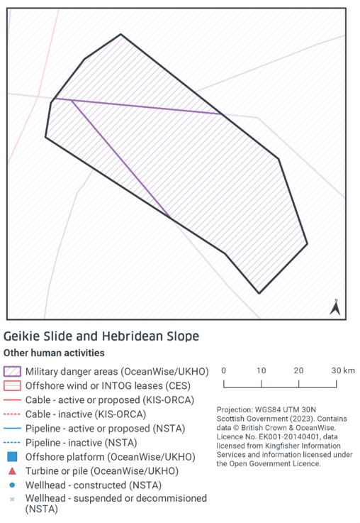Map shows the MPA falls entirely within a military danger area, with no other human activity noted in the MPA, however a cable does pass to the northwest of the MPA