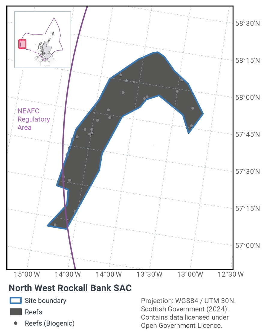 Map of North West Rockall Bank SAC, an arch shaped area with one end at roughly 56°50N, 14°45W; an apex at 58°15N, 13°50W; and the other end at 57°40N, 13°20W. Two small parts of the SAC cross into the NEAFC regulatory area on the west of the SAC. The entire area of the SAC is composed of reef, with a large number of biogenic reefs throughout the SAC, especially in the northwest