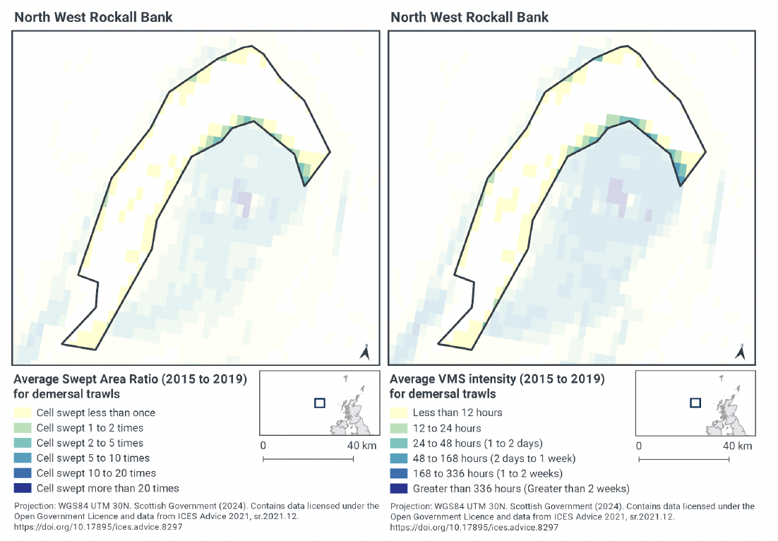 Left image: Map of North West Rockall Bank, showing that most of the area is swept less than once a year by demersal trawls, with the eastern edge overlapping with an area of higher intensity fishing, up to 20 sweeps per year at the highest, although no area of the SAC is swept more than 5 times a year.
 Right image: Map of North West Rockall Bank, significantly west of Lewis showing that most of the area experiences less than 12 hours demersal trawling per year, with the eastern edge overlapping with an area of higher intensity fishing, over 336 hours per year at the highest, although no area of the SAC gets more than 168 hours trawling activity a year.