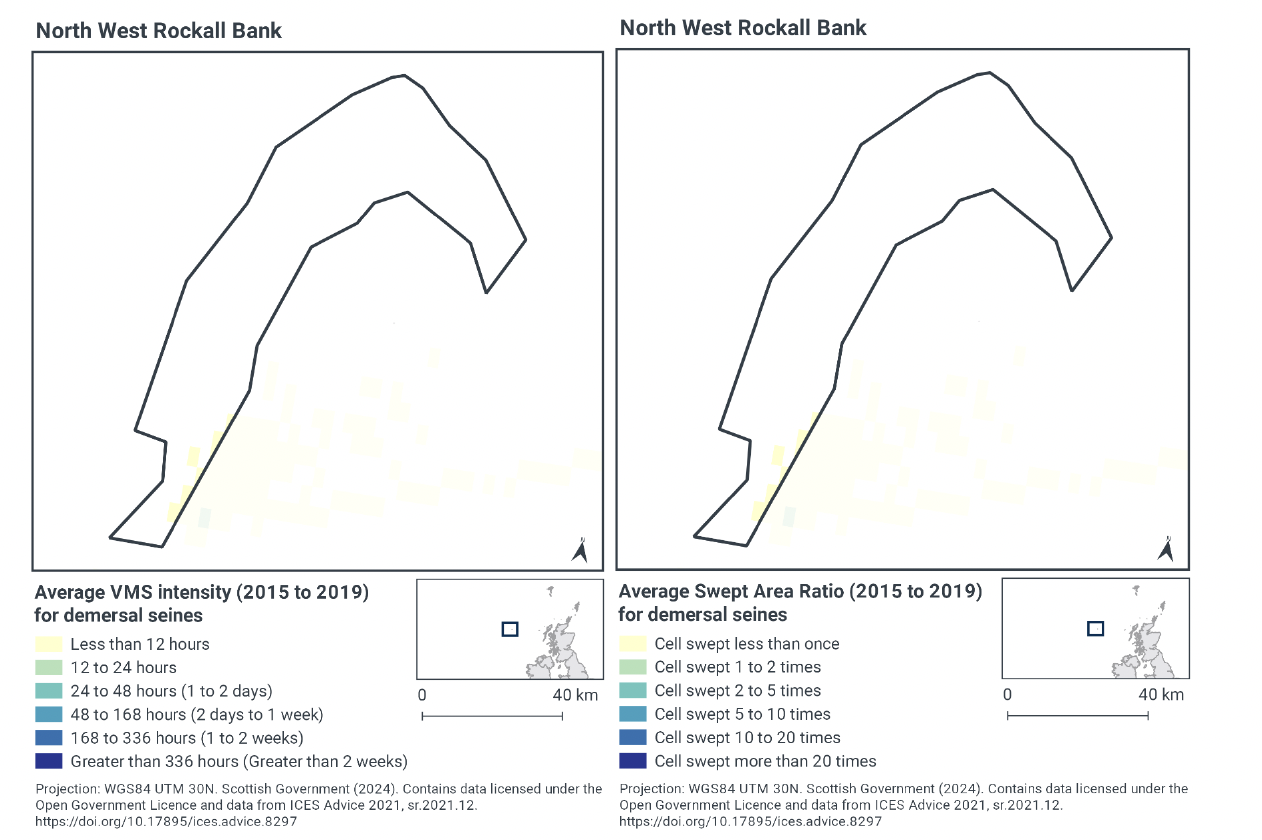 Left image: Map of North West Rockall Bank showing less than 12 hours demersal seine activity per year across the SAC. The surrounding seas also show a similarly low level of activity.
 Right image: Map of North West Rockall Bank showing less than 1 sweep of demersal seine activity per year across the SAC. The surrounding seas also show a similarly low level of activity 