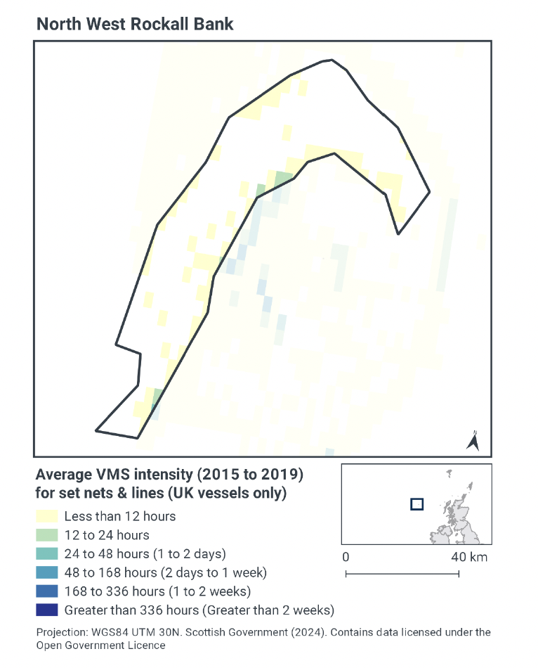 Map of North West Rockall Bank showing less than 12 hours of set net and line activity yearly across much of the SAC, with a slightly higher rate on the central east edge, consistent with the waters just east of this boundary. This higher rate does not exceed 48 hours in any cell including part of the SAC.