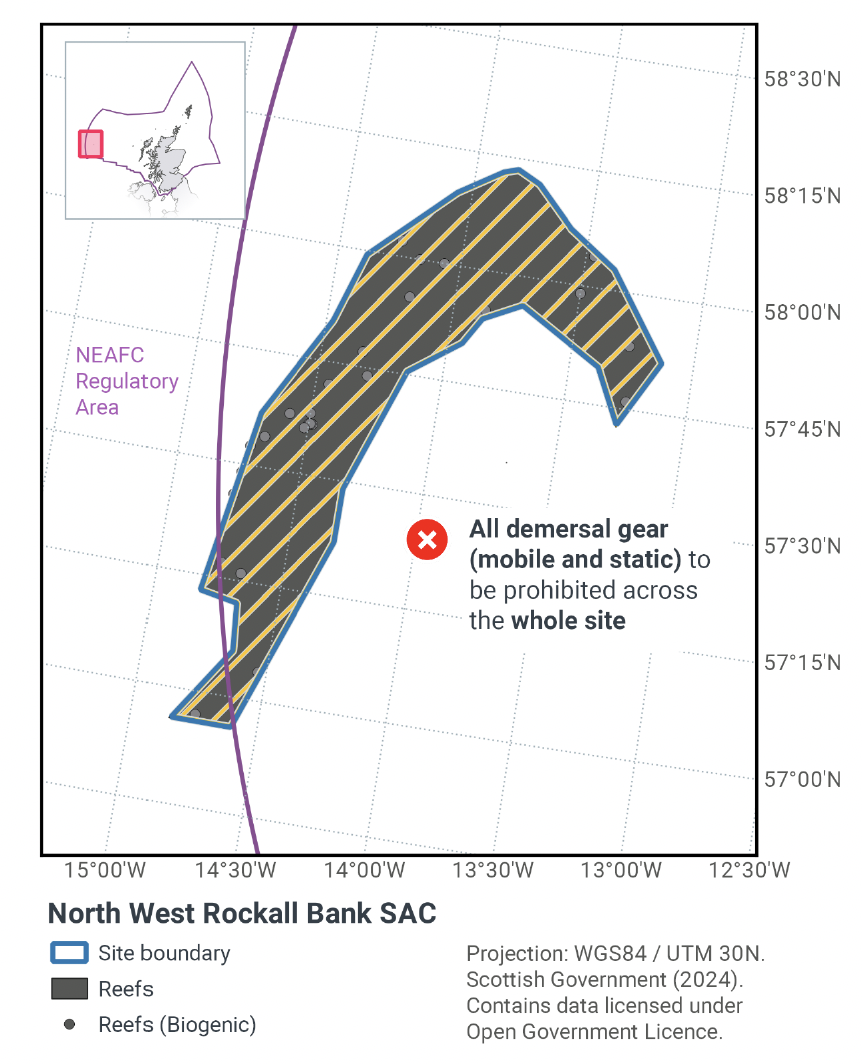 Map of North West Rockall Bank indicating that, both mobile and static demersal gear are to be prohibited from use within the whole SAC. (including the parts in the NEAFC regulatory area)