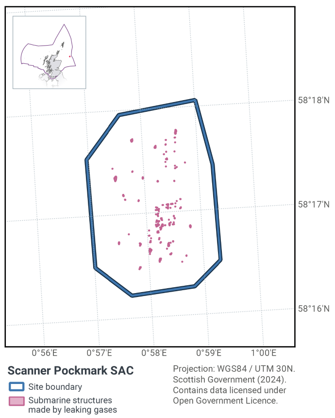 Map of Scanner Pockmark SAC, showing numerous submarine structures made by leaking gases across the area, with a greater concentration in the southern half. Scanner Pockmark is located to the east of the Moray Firth, between 58°19N 0°56E and 58°16N and 1°00E