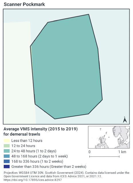 Map of intensity of demersal trawling vessels monitored in Scanner Pockmark, showing 24-48 fishing hours within the area and to the north, south, and east of it. West of Scanner Pockmark there are less than 12 hours per year
