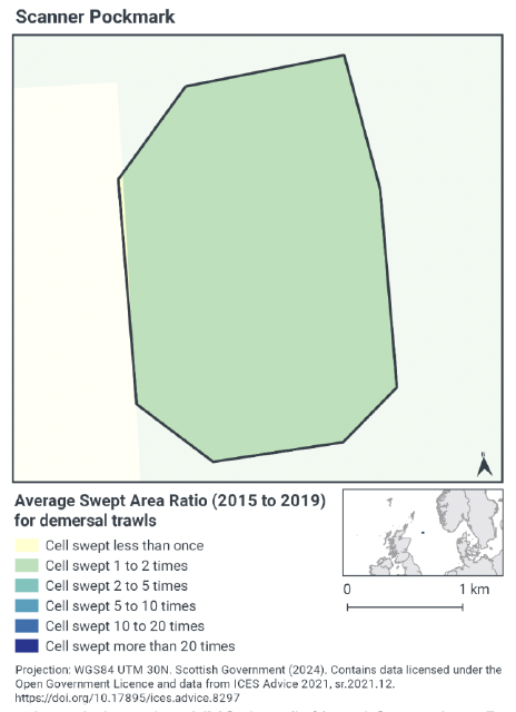 Map of average amount of sweeps by demersal trawls around Scanner Pockmark, showing 1-2 times within the area and to the north, south, and east of it. West of Scanner Pockmark there is less than 1 sweep a year