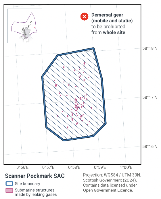 Map of Scanner Pockmark SAC, showing numerous submarine structures made by leaking gases across the area. The map indicates that mobile and static demersal gear will be prohibited from the whole site, but not the surrounding waters.
