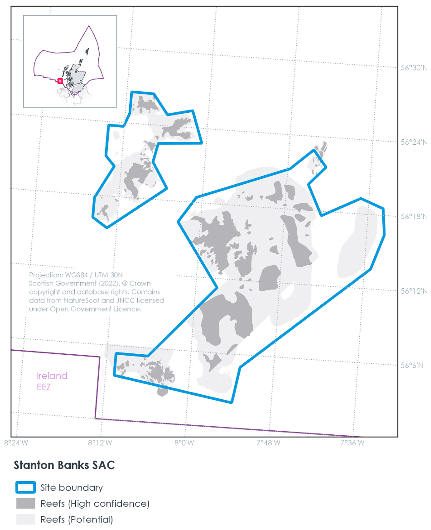 Map of Stanton Banks SAC, composed of two discrete sites encompassing areas of reef, parts of which are known with high confidence, while others are potential reefs. The two sites are close by, with the larger site southeast of the smaller. Both sites are between 56°28N 8°18W and 56°2N 7°30W south of Barra and just north of Ireland's EEZ.