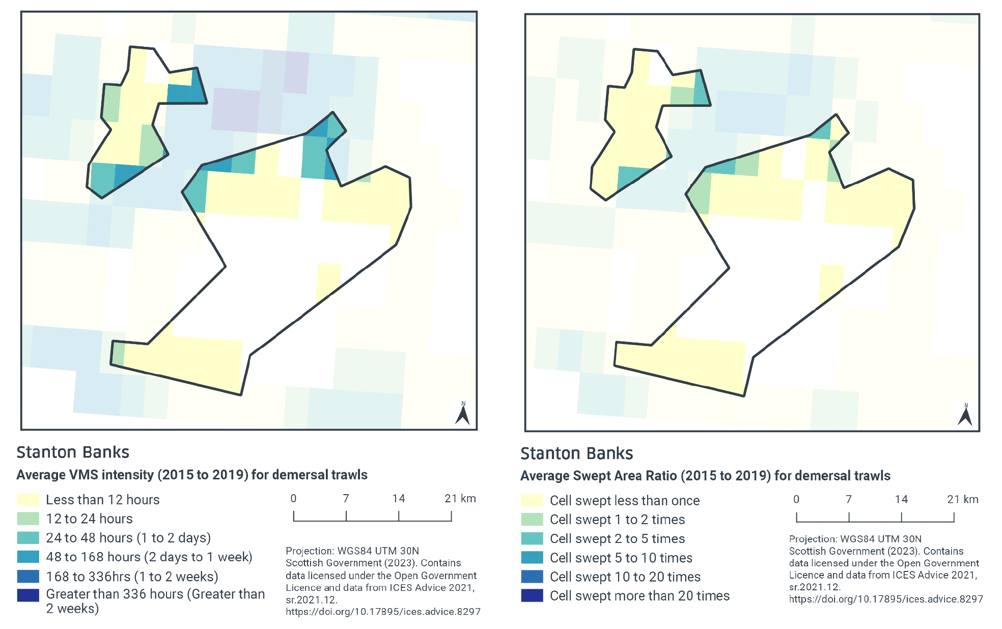 Left - Map of Stanton Banks showing demersal trawl activity is typically less than 12 hours per year in much of both sections of the protected area. A region of much higher rates of trawling occurs between the two sections, intersecting with the southeast of the northern section and the northwest of the southern section. In the areas of intersection trawling rates rise to as much as 168 hours.