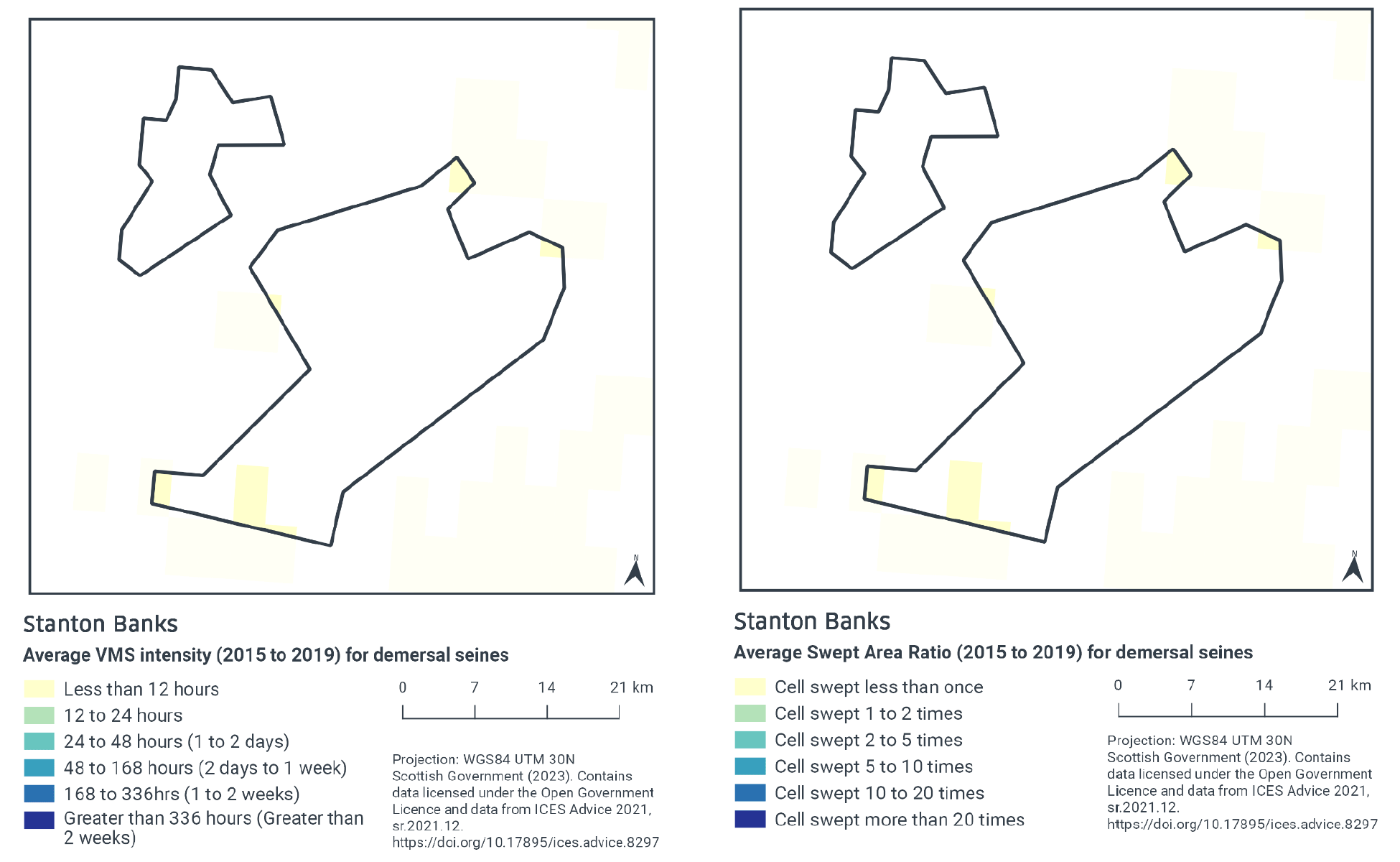 Left - Map of Stanton Banks showing very little demersal seine activity, with none recorded in the northern section, and the southernmost end of the southern section experiencing less than 12 hours yearly. Right - Map of Stanton Banks showing very little demersal seine activity, with none recorded in the northern section, and the southernmost end of the southern section experiencing less than one sweep a year