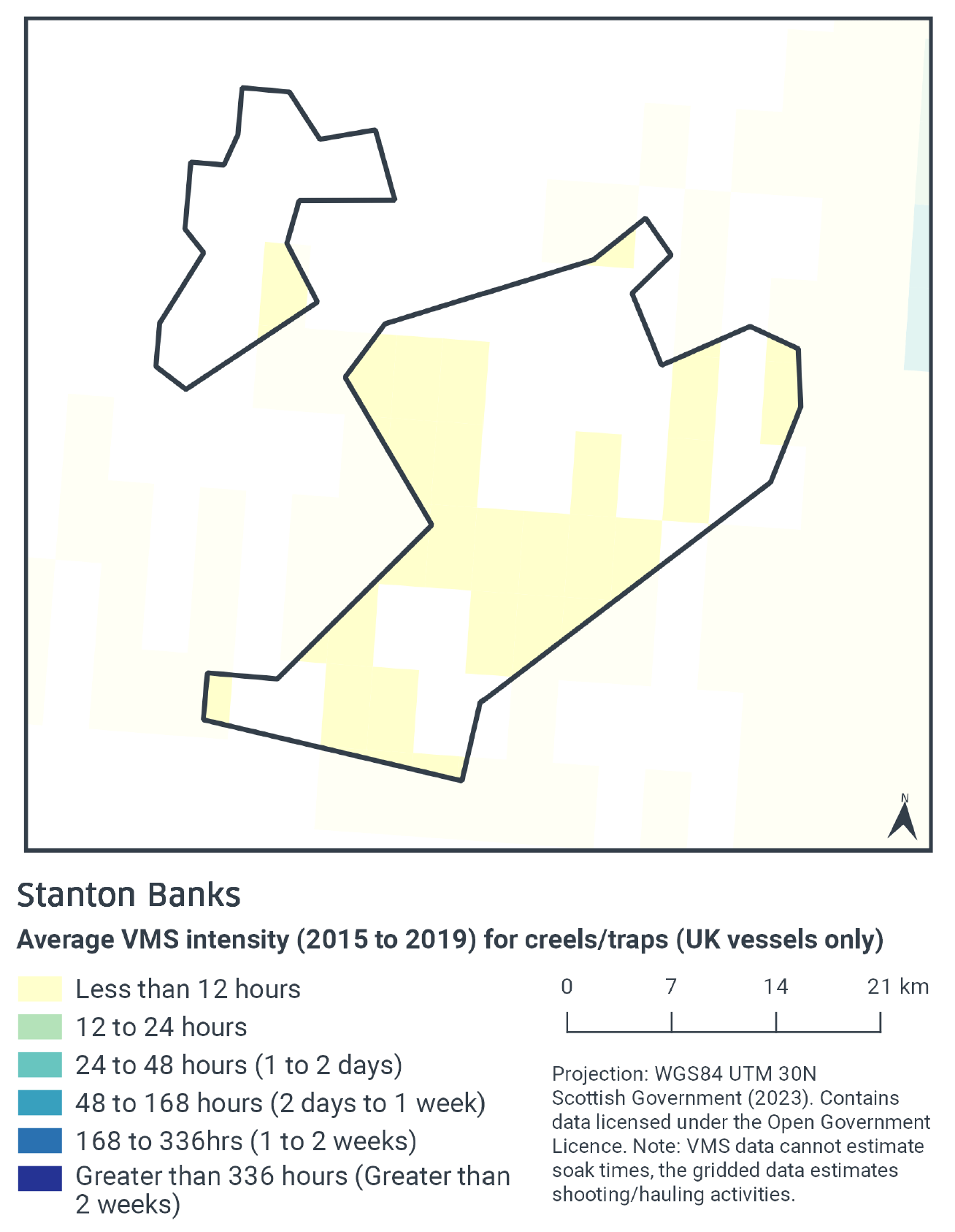 Map of creel and trap activity from UK boats in Stanton Banks. There is less than 12 hours of creel and trap activity yearly across both sections, with very little of the northern section experiencing this activity