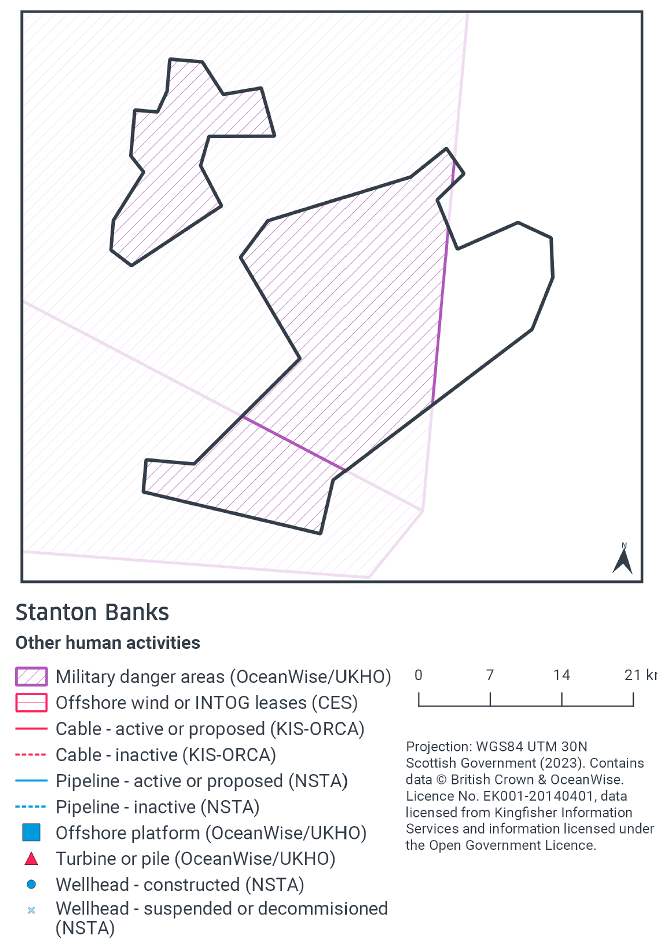 Map of Stanton Banks showing a military danger area encompasses most of the protected area, with only the easternmost portion of the southern section not encompassed by the military danger area.