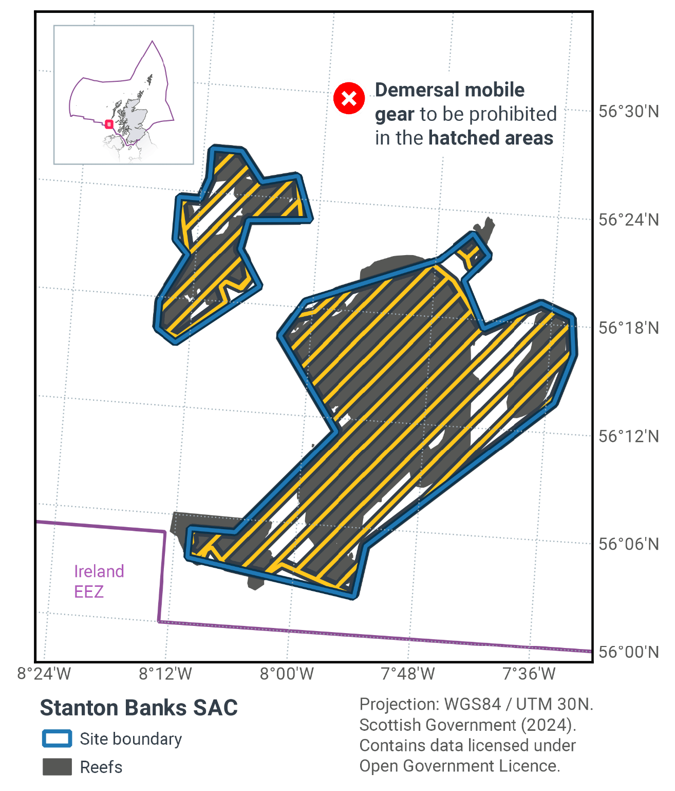 Map of Stanton Banks SAC showing demersal mobile gear to be prohibited across the vast majority of both sections of Stanton Banks. There are very small areas in both the northern and southern sections that are not marked as prohibiting demersal mobile gear, where there is no reef. However most non-reef areas of both sections fall under the prohibition