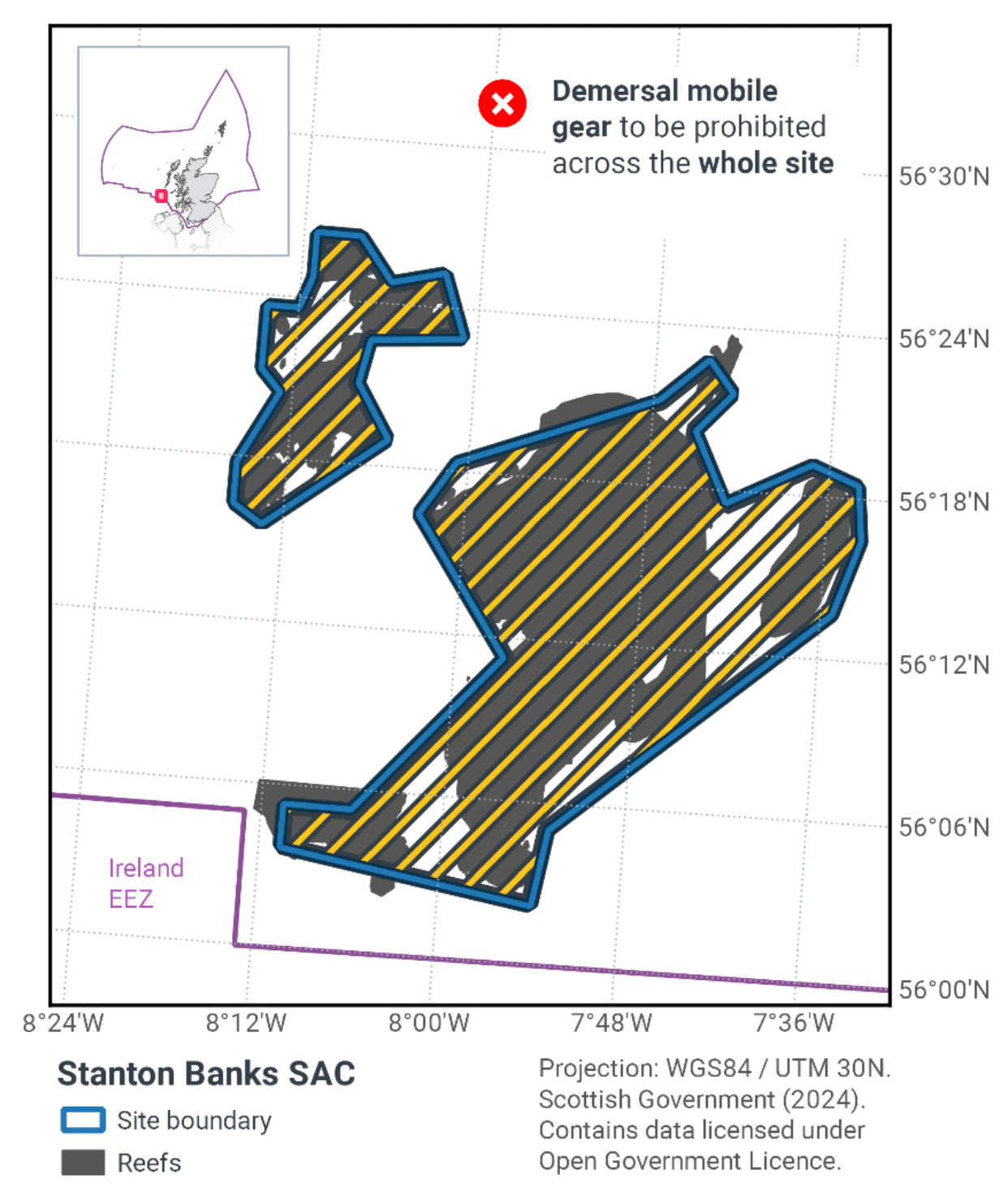 Map of Stanton Banks SAC showing demersal mobile gear to be prohibited from the entirety of both the northern and southern sections of Stanton Banks