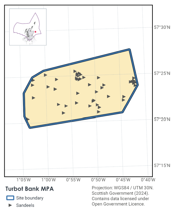 Map of Turbot Bank MPA, a roughly rectangular area just east of Aberdeen. it is located between 57°28N 1°05W and 57°18N 0°40W. There are sandeels throughout the MPA, but clustered articularly in the east and north