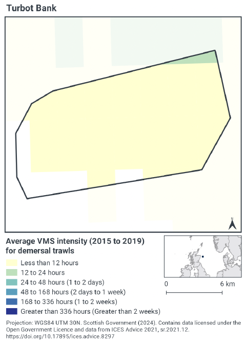 Map of Turbot bank showing average VMS intensity for demersal trawls. The southwest of the MPA received no such activity, while the majority of the MPA had elss than 12 hours yearly. One cell with activity of 12-24 hours briefly intersects with the northeast tip of the MPA