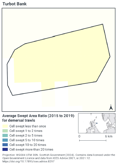 Map of the MPA showing average swept area ratio for demersal trawls across all but the southwest corner of the MPA experiences less than 1 sweep per year. The southwestern corner experiences no such activity