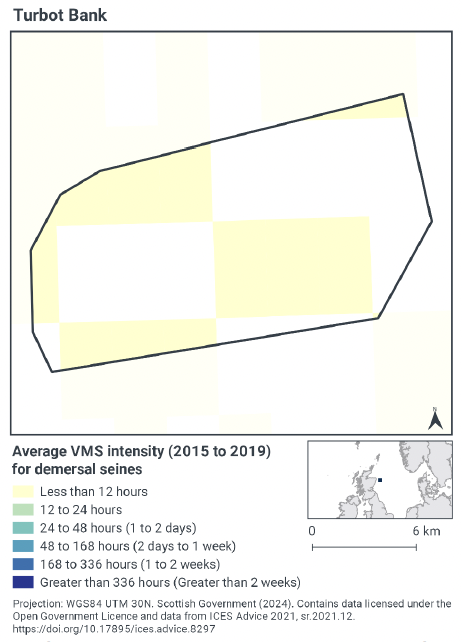 Map of the MPA showing average VMS intensity for demersal seines is less than 12 hours per year across the site. Approximately half the site appears to have had no such activity