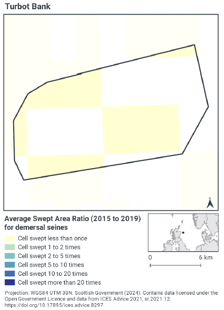 Map of the MPA showing average swept area ratio demersal seines is less than 1 sweep per year across the site. Approximately half the site appears to have had no such activity