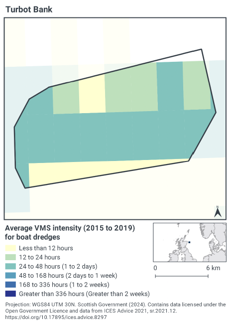 Map of the MPA showing average VMS intensity for boat dredges. Across the centre and west of the MPA there are 24-48 hours dredging activity yearly, with a 12-24 hour rate more normal in the north, and a rate less than 12 hours in the south.