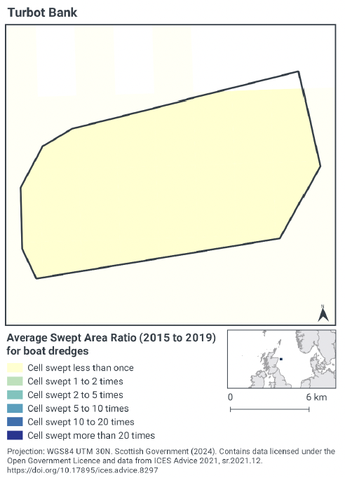 Map showing that the average swept area ratio for boat dredges across the whole of Turbot Bank MPA is less than one sweep per year.