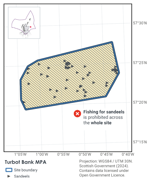 Map of Turbot Bank showing fishing for sandeels being prohibited across the site