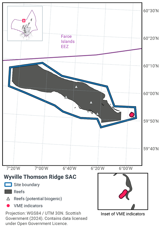 Map of Wyville Thomson Ridge SAC, north of Lewis and just below the Faroe Islands EEZ between 60°10N 7°30W and 59°45N 5°40W.. The SAC encompasses a large section of reef containing potential biogenic reefs in the eastern half. A vulnerable Marine Environment indicator exists on a small section of reef at the edge of the SAC east of the main reef