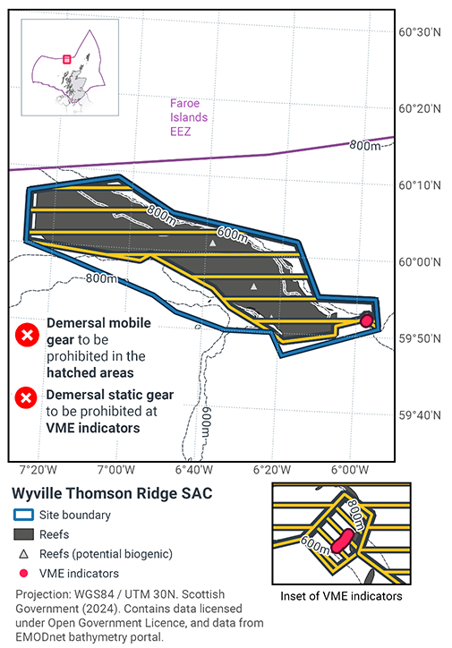 A map of Wyville Thomson Ridge SAC indicating that demersal mobile gear is to be prohibited in the areas of the SAC where there is any reef (this encompasses the vast majority of the SAC. The map further indicates that demersal static gear is to be prohibited in the area immediately surrounding the vulnerable marine environment in the eastern tip of the SAC.