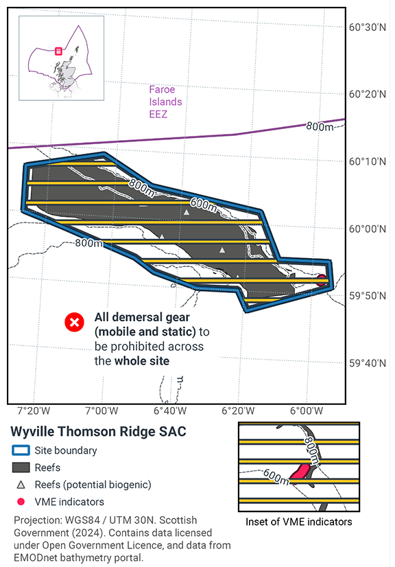 A map of Wyville Thomson Ridge SAC indicating that all demersal gear (mobile and static) is to be prohibited across the entire SAC