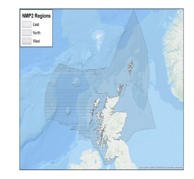 This image shows the three National Marine Plan 2 regions of Scottish Waters, which are North, East and West.