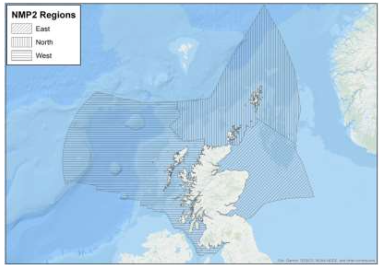 This image shows the three National Marine Plan 2 regions of Scottish Waters, which are North, East and West.