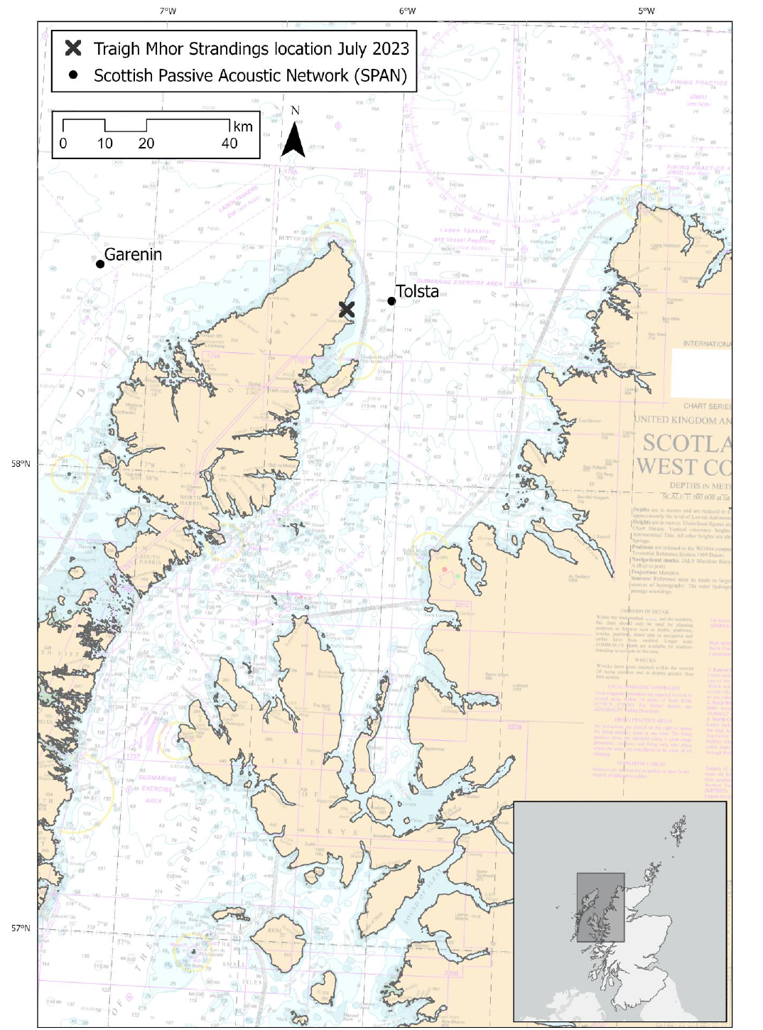 Location of the pilot whale stranding on Traigh Mhòr beach, the Isle of Lewis, and location of the moorings from which passive acoustic data were analysed