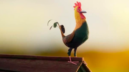 Example from the Be the Early Bird TV ad, with a cockerel standing on a roof.