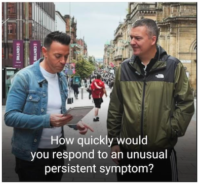 Radio presenter Des Clarke on Buchanan Street in Glasgow talking to a member of the public about a recent survey and early cancer detection. Des asks someone 'How quickly would you respond to an unusual persistent symptom?''