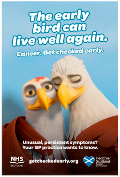 The ‘early bird can live well again’ poster, with two eagles standing close together.