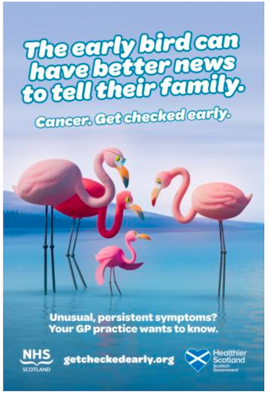 The ‘early bird can have better news to tell their family’ poster, with a family of flamingos standing in water.