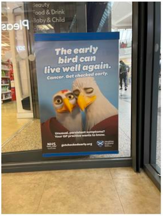 Example of a campaign poster in a pharmacy window of two eagles close together.