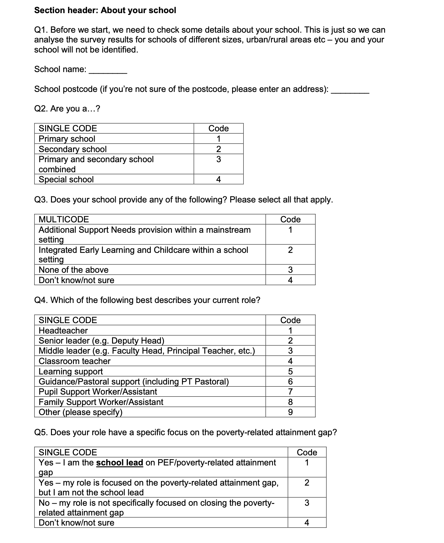 Page 2 of the survey. Contains the following text: Section header: About your school

Q1. Before we start, we need to check some details about your school. This is just so we can analyse the survey results for schools of different sizes, urban/rural areas etc – you and your school will not be identified.

School name: ________

School postcode (if you’re not sure of the postcode, please enter an address): ________

Q2. Are you a…?
Q3. Does your school provide any of the following? Please select all that apply.
Q4. Which of the following best describes your current role?
Q5. Does your role have a specific focus on the poverty-related attainment gap?