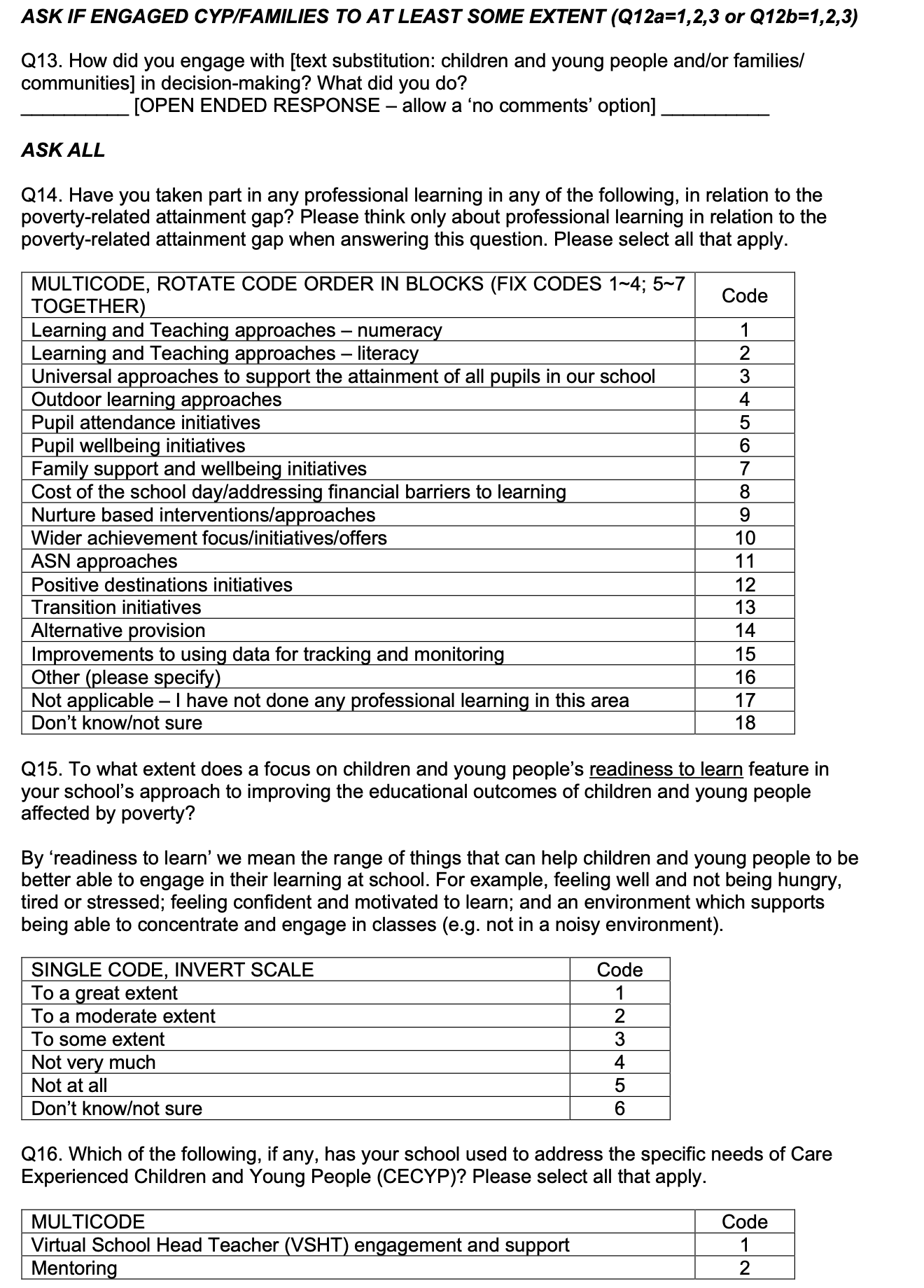 Page 5 of the survey. Contains the following text: ASK IF ENGAGED CYP/FAMILIES TO AT LEAST SOME EXTENT (Q12a=1,2,3 or Q12b=1,2,3)

Q13. How did you engage with [text substitution: children and young people and/or families/ communities] in decision-making? What did you do? ASK ALL

Q14. Have you taken part in any professional learning in any of the following, in relation to the poverty-related attainment gap? Please think only about professional learning in relation to the poverty-related attainment gap when answering this question. Please select all that apply. Q15. To what extent does a focus on children and young people’s readiness to learn feature in your school’s approach to improving the educational outcomes of children and young people affected by poverty? 

By ‘readiness to learn’ we mean the range of things that can help children and young people to be better able to engage in their learning at school. For example, feeling well and not being hungry, tired or stressed; feeling confident and motivated to learn; and an environment which supports being able to concentrate and engage in classes (e.g. not in a noisy environment). Q16. Which of the following, if any, has your school used to address the specific needs of Care Experienced Children and Young People (CECYP)? Please select all that apply. 