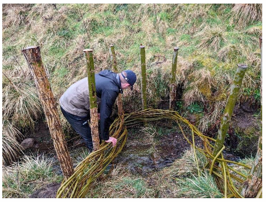 Photo of the Natural Devon - Pool of Muckhart Initiative, showing a volunteer building a dam.