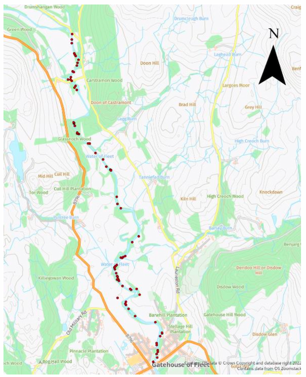 Map of the Water of Fleet area in Dumfries and Galloway with sites of Japanese knotweed marked on the map with dots. 