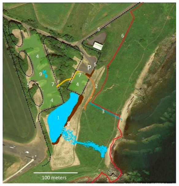 Google Satellite image of restoration site with proposed wetland features highlighted.