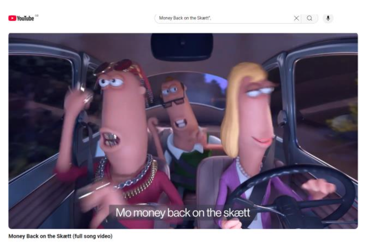 A screen shot of the 'Money Back on the Skætt' YouTube video, made by the Norwegian Tax Authority. It shows an animated family, driving a car, rapping about tax. 