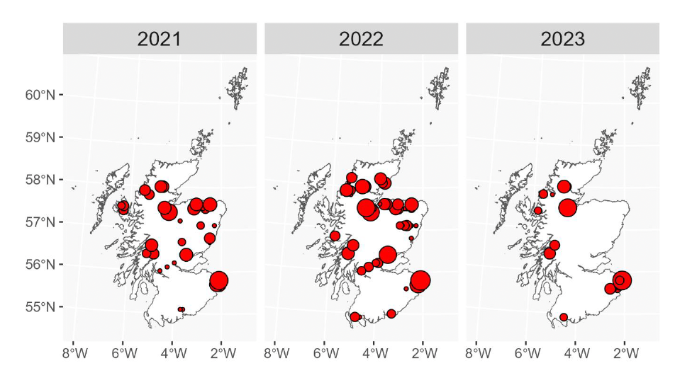 Maps showing the locations of adult salmon sampled in 2021, 2022 and 2023. Sampling is spread throughout the country, with less sample sites in 2023 compared to the previous years.