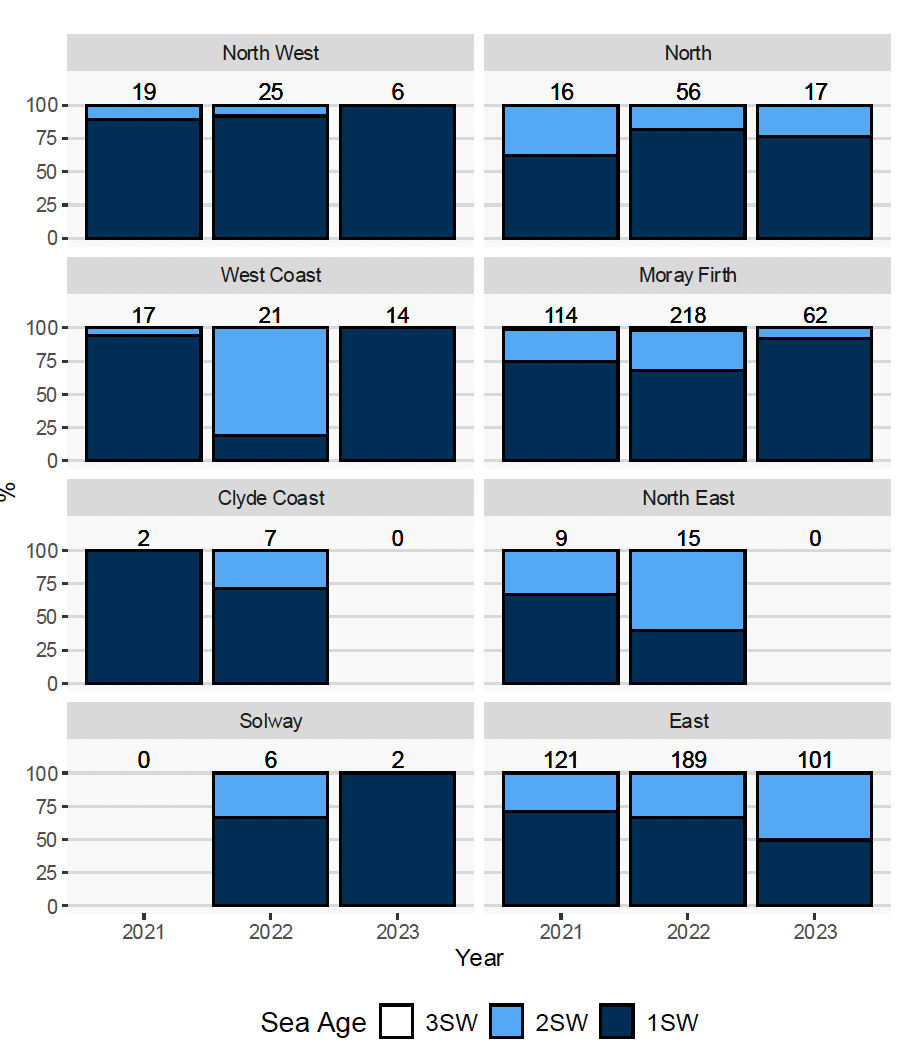 Graphs showing the percentage of salmon belonging to the different sea ages broken down by region and year. 1SW salmon were the most common age class and in general 2SW salmon were more common on the East Coast than the west. Only 1 3SW salmon was found during the sampling.