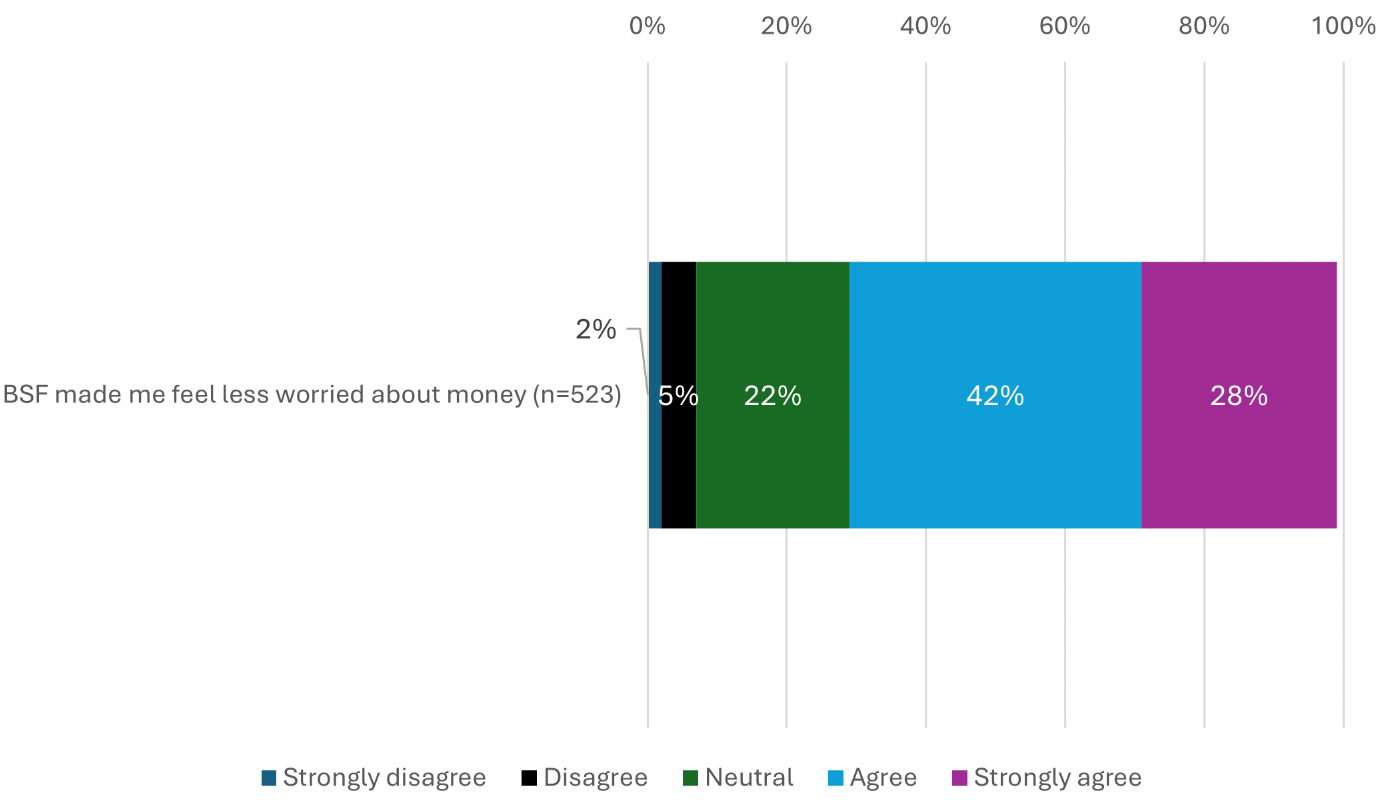 A bar graph showing whether people agreed or disagreed Best Start Foods made them less worried about money. 70% agreed or strongly agreed.