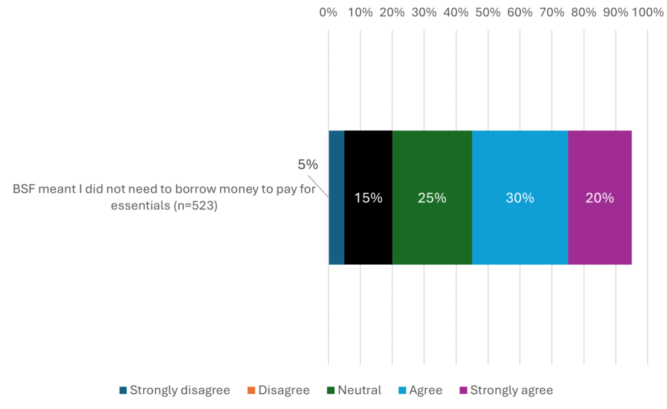 A bar graph showing whether people agreed or disagreed Scottish Child Payment meant they did not need to borrow money for essentials. 58% agreed or strongly agreed.