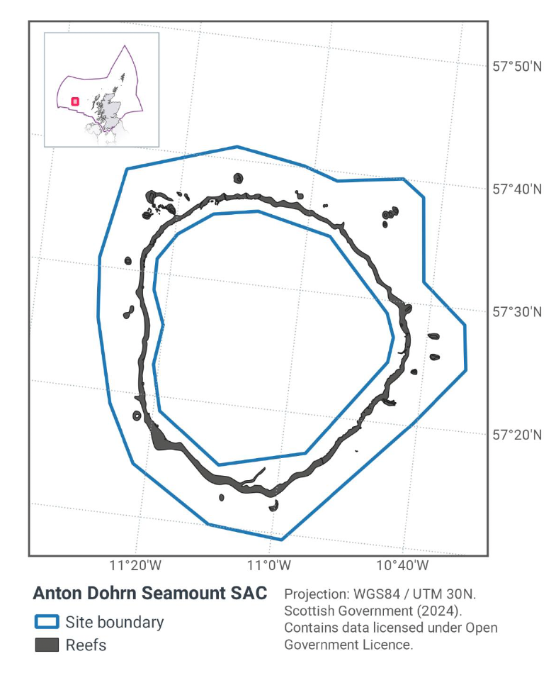 Map of Anton Dohrn Seamount SAC, showing it has a ring shape encompassing a ring shaped reef. It is located to the west of the outer Hebrides between 57°45N 11°25W and 57°15N 10°30W